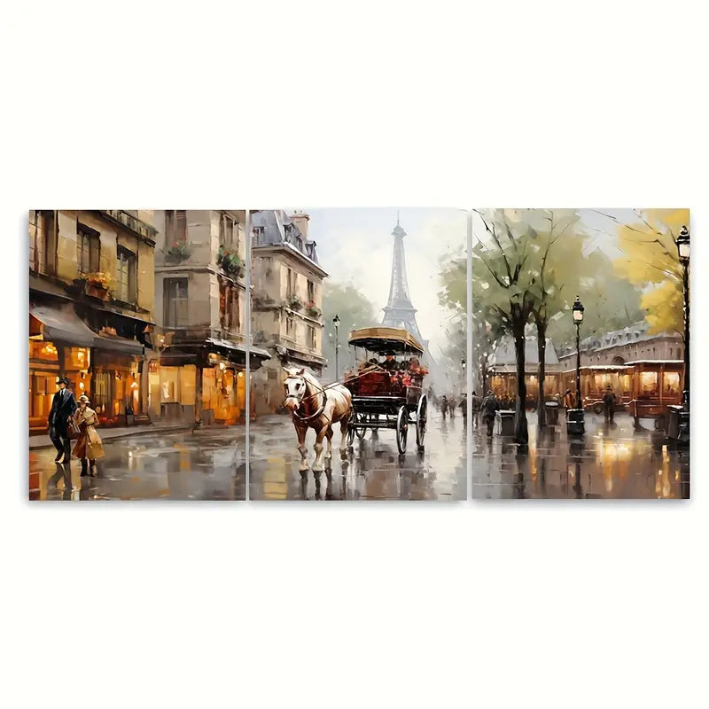 3pcs Rainy Eiffel Tower Horse & Carriage Metal Print Ready to Hang Art