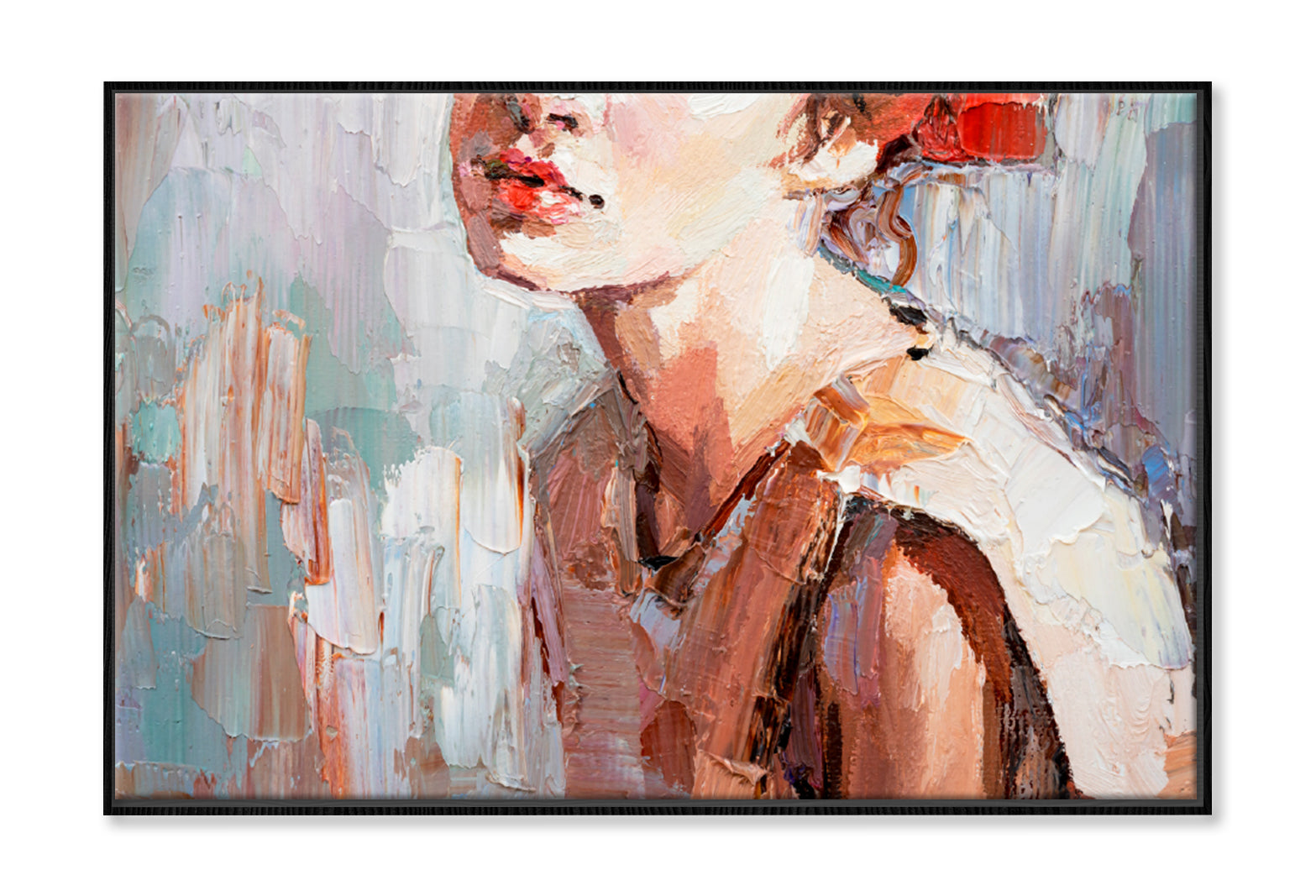 Girl With Red Lips Oil Painting Limited Edition High Quality Print Canvas Box Framed Black