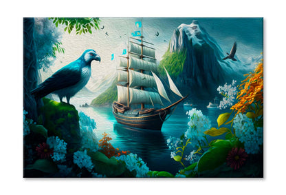 Sailing Boat in Sea and A Bird, Colorful Flowers, Mountain Wall Art Limited Edition High Quality Print