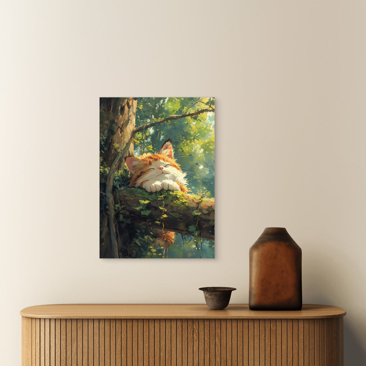 Ginger Tabby Cat Sleeping Tree 60x90cm Metal Print Ready to Hang