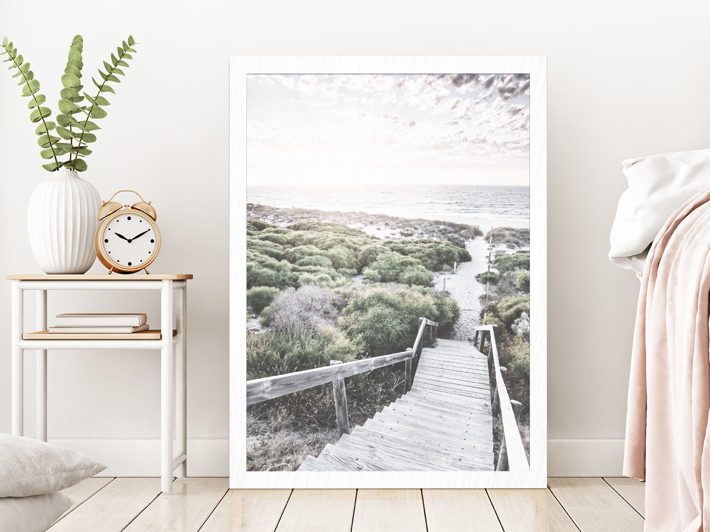 Wooden Path & Sea Dunes Beach Photograph Glass Framed Wall Art, Ready to Hang Quality Print Without White Border White