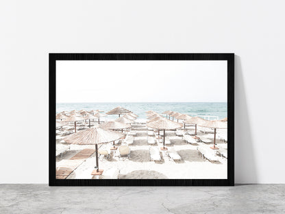 Beach Huts & Chairs near Beach Faded Photograph Glass Framed Wall Art, Ready to Hang Quality Print Without White Border Black