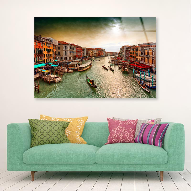 Boats And Gondolas on The Grand Canal of Venice, View from Bridge Rialto Acrylic Glass Print Tempered Glass Wall Art 100% Made in Australia Ready to Hang