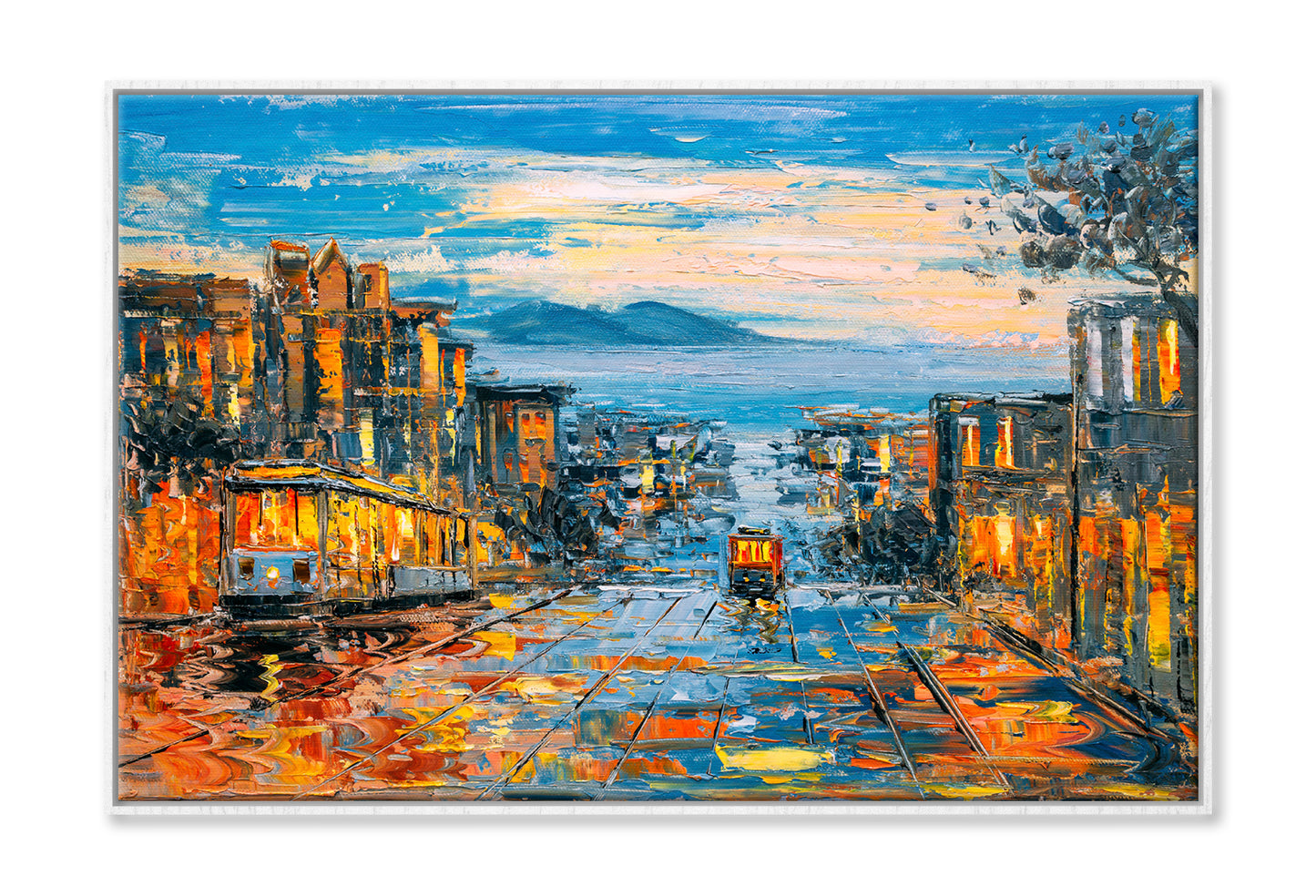 Cable Car San Francisco City & Cloudy Sky Oil Painting Wall Art Limited Edition High Quality Print Canvas Box Framed White