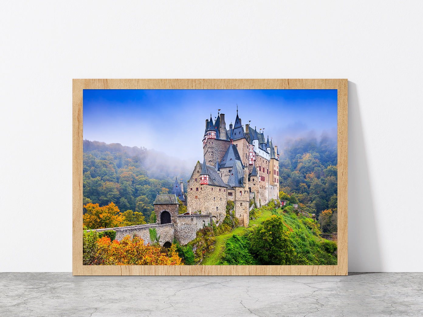 Medieval Castle On The Hills Glass Framed Wall Art, Ready to Hang Quality Print Without White Border Oak