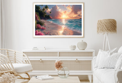 Sunny Beach with Pink Flowers & Tall Palm Trees Home Decor Premium Quality Poster Print Choose Your Sizes