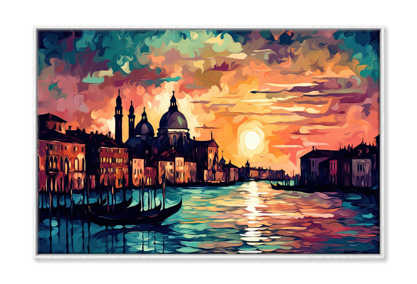 Boats on Canal Venice Sunset Sky Oil Painting Wall Art Limited Edition High Quality Print Canvas Box Framed White