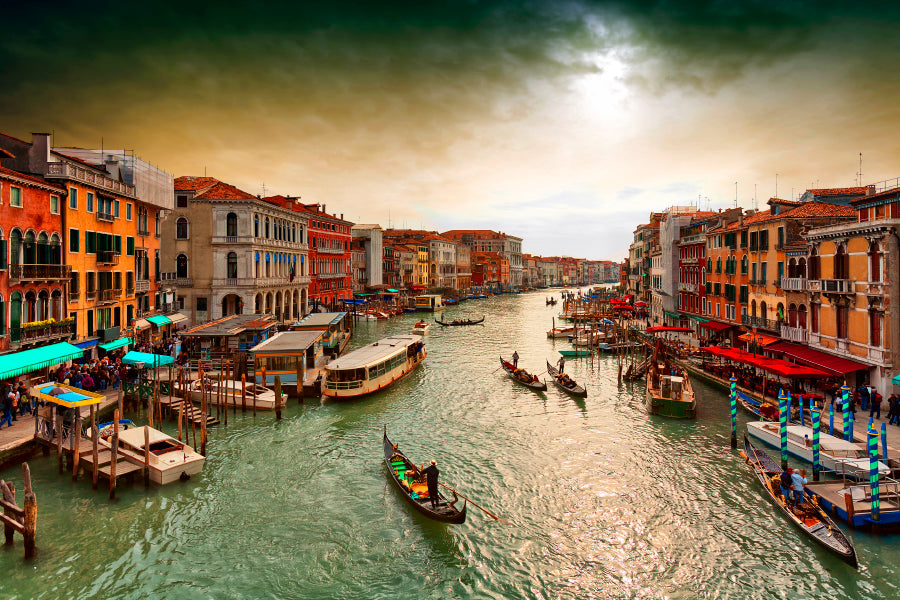 Boats And Gondolas on The Grand Canal of Venice, View from Bridge Rialto Wall Art Decor 100% Australian Made