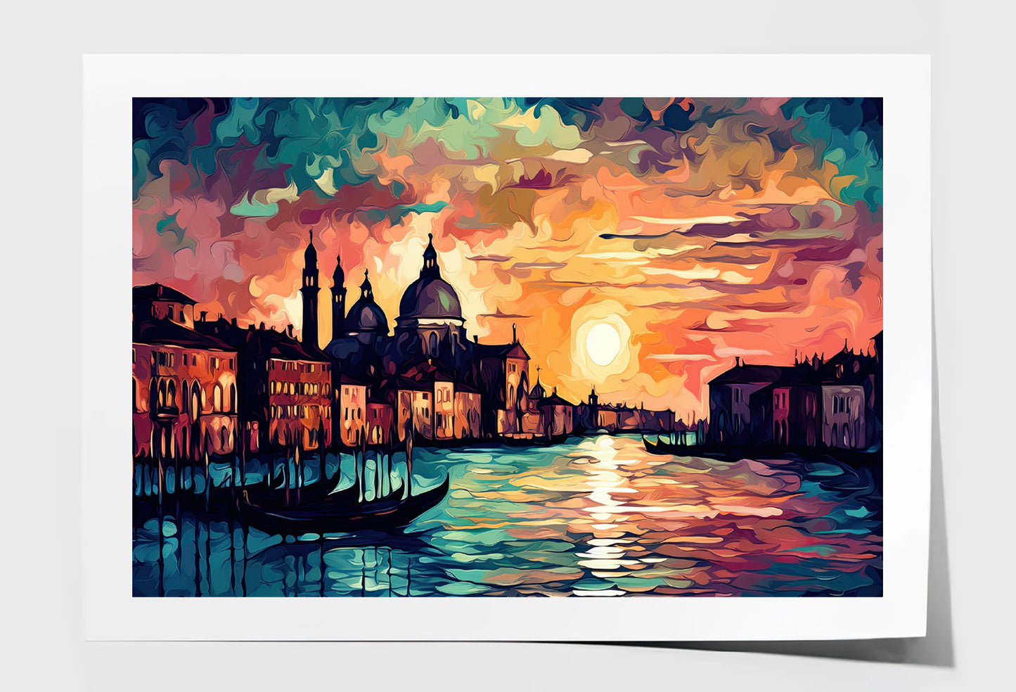 Boats on Canal Venice Sunset Sky Oil Painting Wall Art Limited Edition High Quality Print Unframed Roll Canvas None