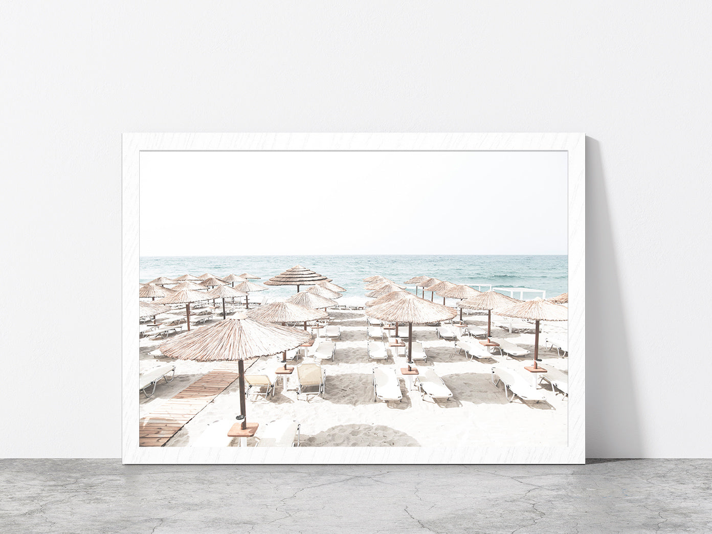 Beach Huts & Chairs near Beach Faded Photograph Glass Framed Wall Art, Ready to Hang Quality Print Without White Border White