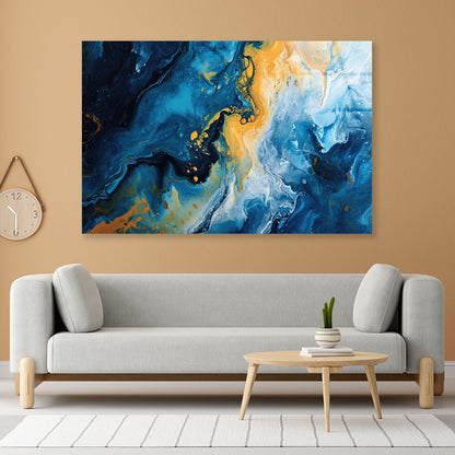 Abstract Marble Blue & Yellow Oil Paint Acrylic Glass Print Tempered Glass Wall Art 100% Made in Australia Ready to Hang