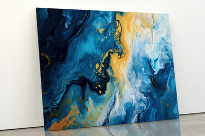 Abstract Marble Blue & Yellow Oil Paint Acrylic Glass Print Tempered Glass Wall Art 100% Made in Australia Ready to Hang