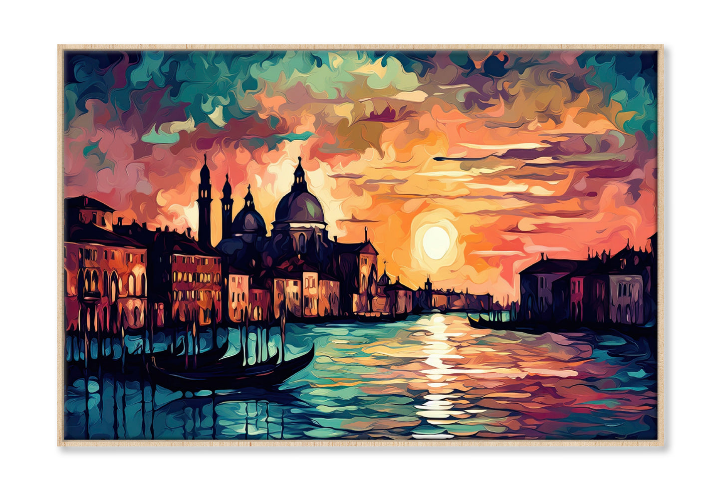 Boats on Canal Venice Sunset Sky Oil Painting Wall Art Limited Edition High Quality Print Canvas Box Framed Natural