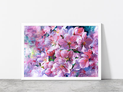 Branch Of Pink Flowers Glass Framed Wall Art, Ready to Hang Quality Print Without White Border White