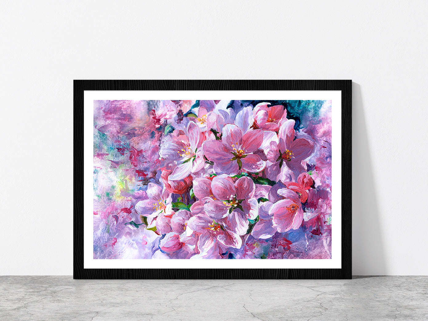 Branch Of Pink Flowers Glass Framed Wall Art, Ready to Hang Quality Print With White Border Black