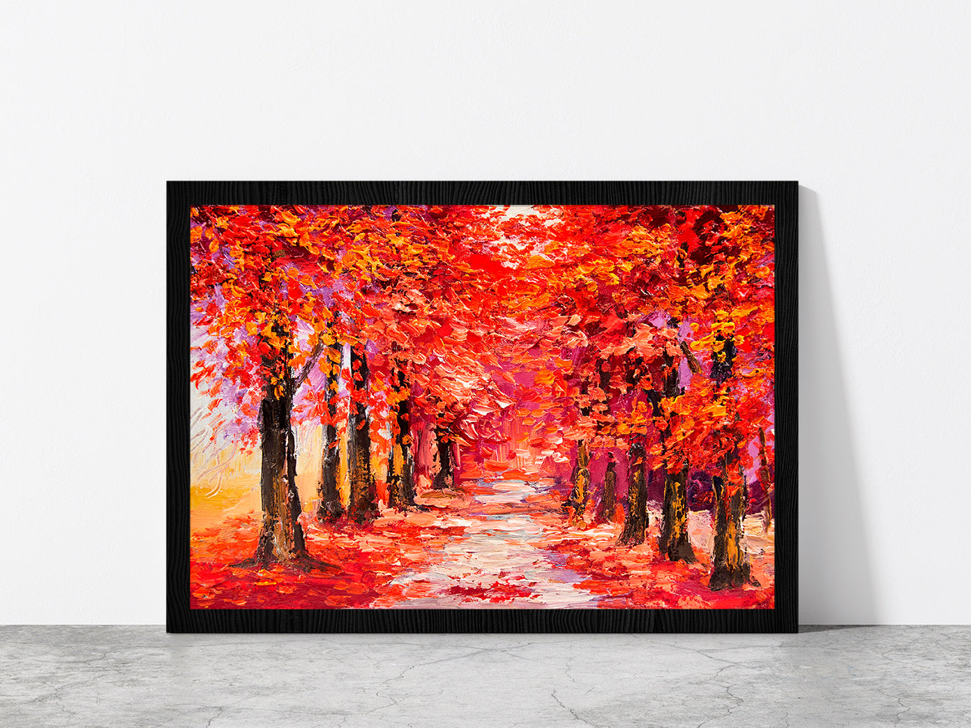 Autumn Trees With Forest Road Glass Framed Wall Art, Ready to Hang Quality Print Without White Border Black