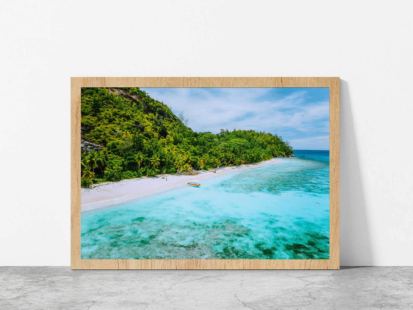 Sandy Beach With Palm Trees Boat Glass Framed Wall Art, Ready to Hang Quality Print Without White Border Oak