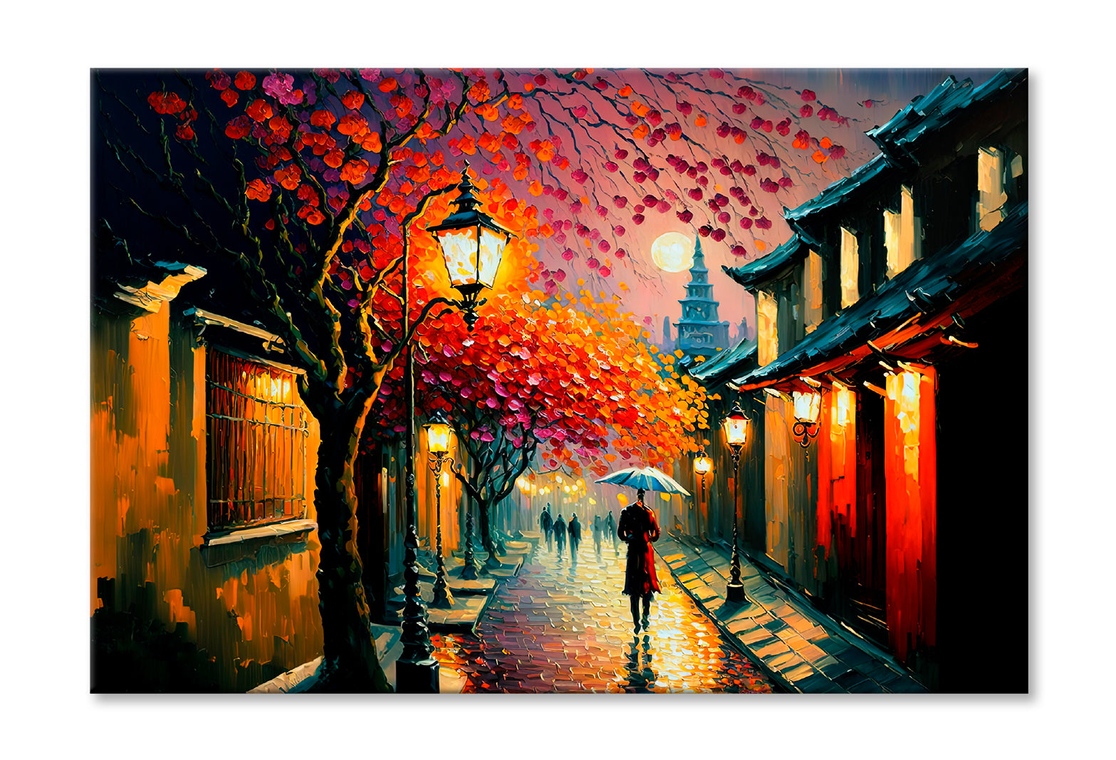 Ancient City Street In Japan During Spring Season Oil Painting Wall Art Limited Edition High Quality Print Stretched Canvas None