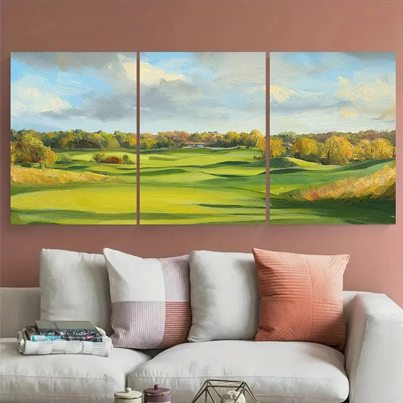 3pcs Valhalla Golf Course Vibrant Green Metal Print Ready to Hang Art
