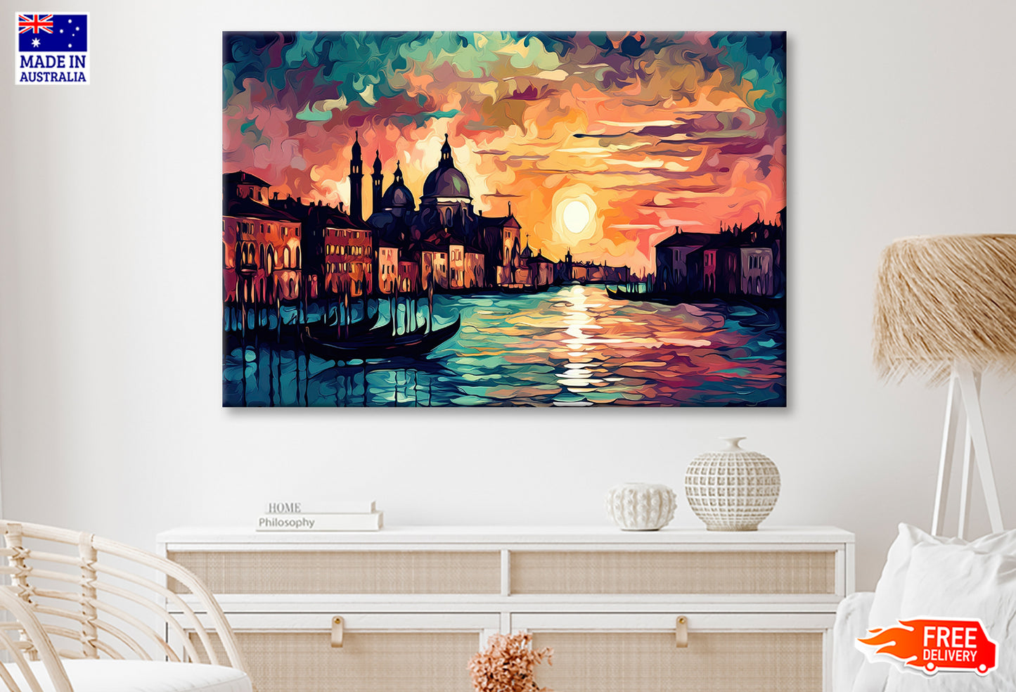 Boats on Canal Venice Sunset Sky Oil Painting Wall Art Limited Edition High Quality Print