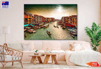 Boats And Gondolas on The Grand Canal of Venice, View from Bridge Rialto Wall Art Decor 100% Australian Made