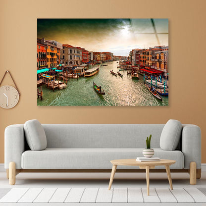 Boats And Gondolas on The Grand Canal of Venice, View from Bridge Rialto Acrylic Glass Print Tempered Glass Wall Art 100% Made in Australia Ready to Hang