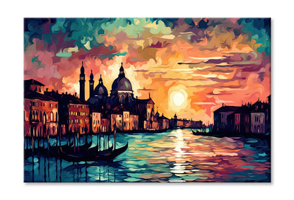 Boats on Canal Venice Sunset Sky Oil Painting Wall Art Limited Edition High Quality Print Stretched Canvas None