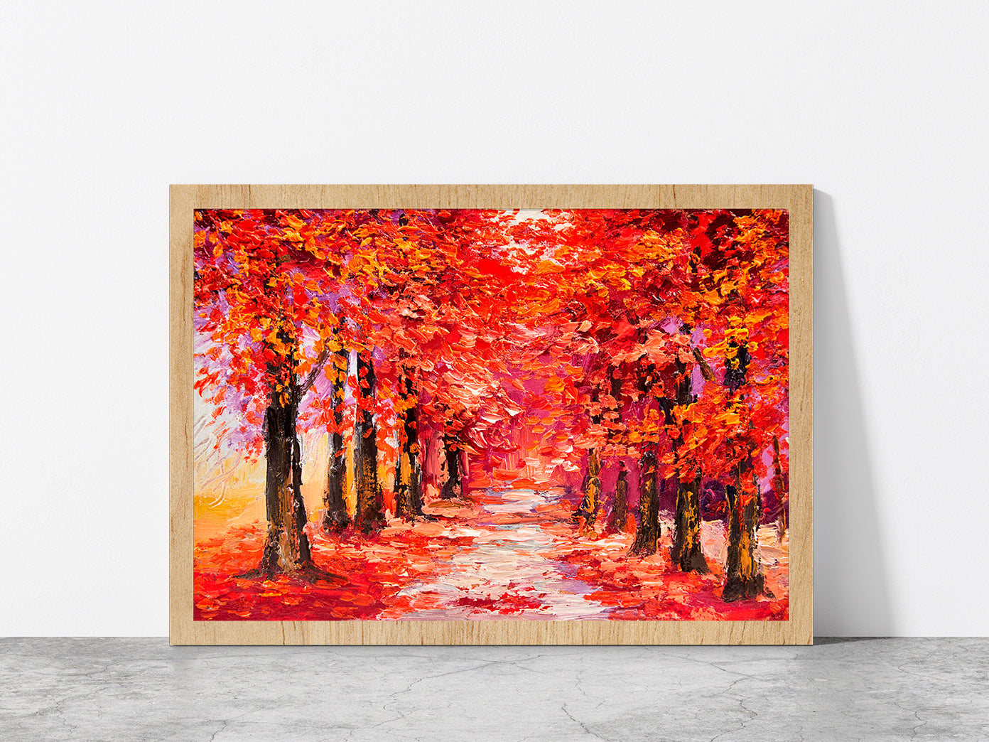 Autumn Trees With Forest Road Glass Framed Wall Art, Ready to Hang Quality Print Without White Border Oak