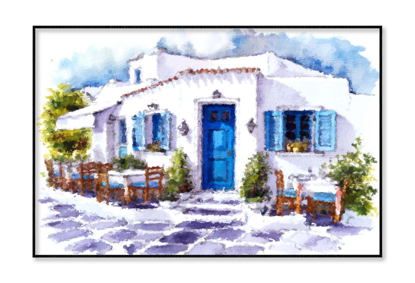 Architectural Painting with Building, White Wall, Blue Door, Window, Table Setting, Chairs, Decorative Plants, Bougainvillea Flowers and Stone Floor Wall Art Limited Edition High Quality Print