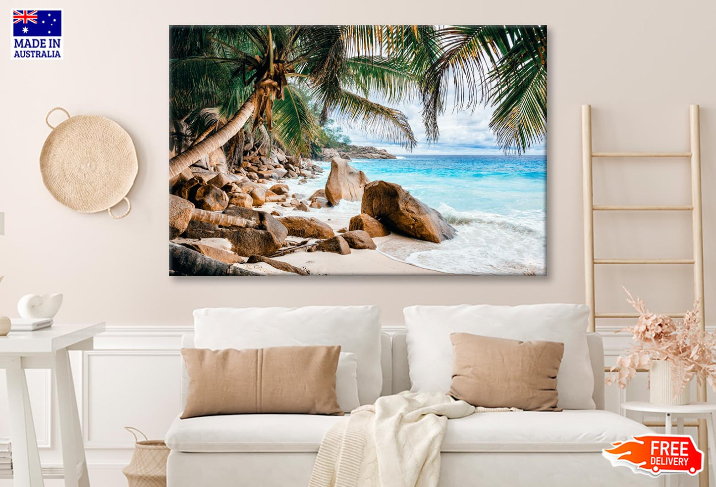 Rocks And Palm Trees Along the Shore Wall Art Decor 100% Australian Made