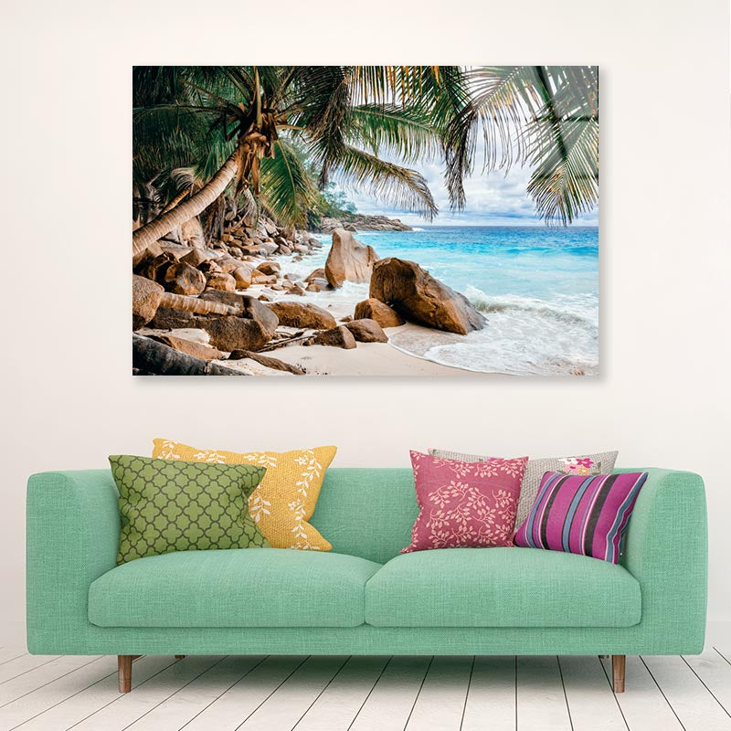 Rocks And Palm Trees Along the Shore Acrylic Glass Print Tempered Glass Wall Art 100% Made in Australia Ready to Hang