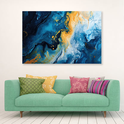 Abstract Marble Blue & Yellow Oil Paint Acrylic Glass Print Tempered Glass Wall Art 100% Made in Australia Ready to Hang