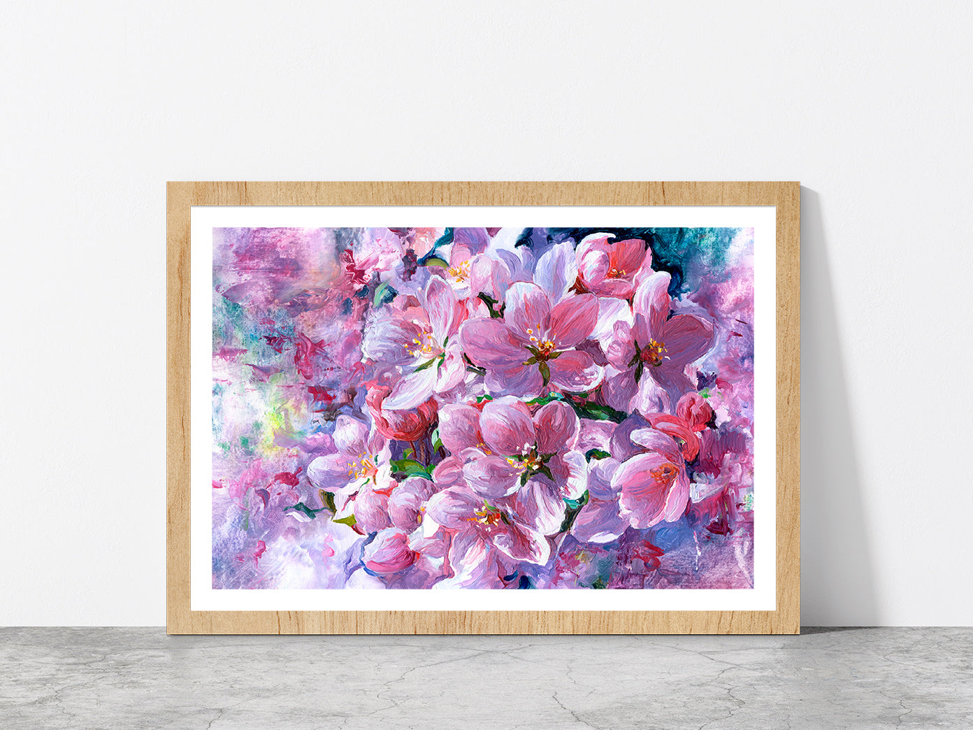 Branch Of Pink Flowers Glass Framed Wall Art, Ready to Hang Quality Print With White Border Oak