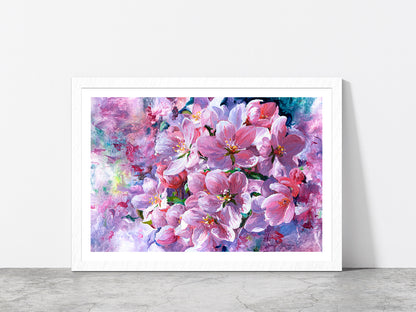 Branch Of Pink Flowers Glass Framed Wall Art, Ready to Hang Quality Print With White Border White