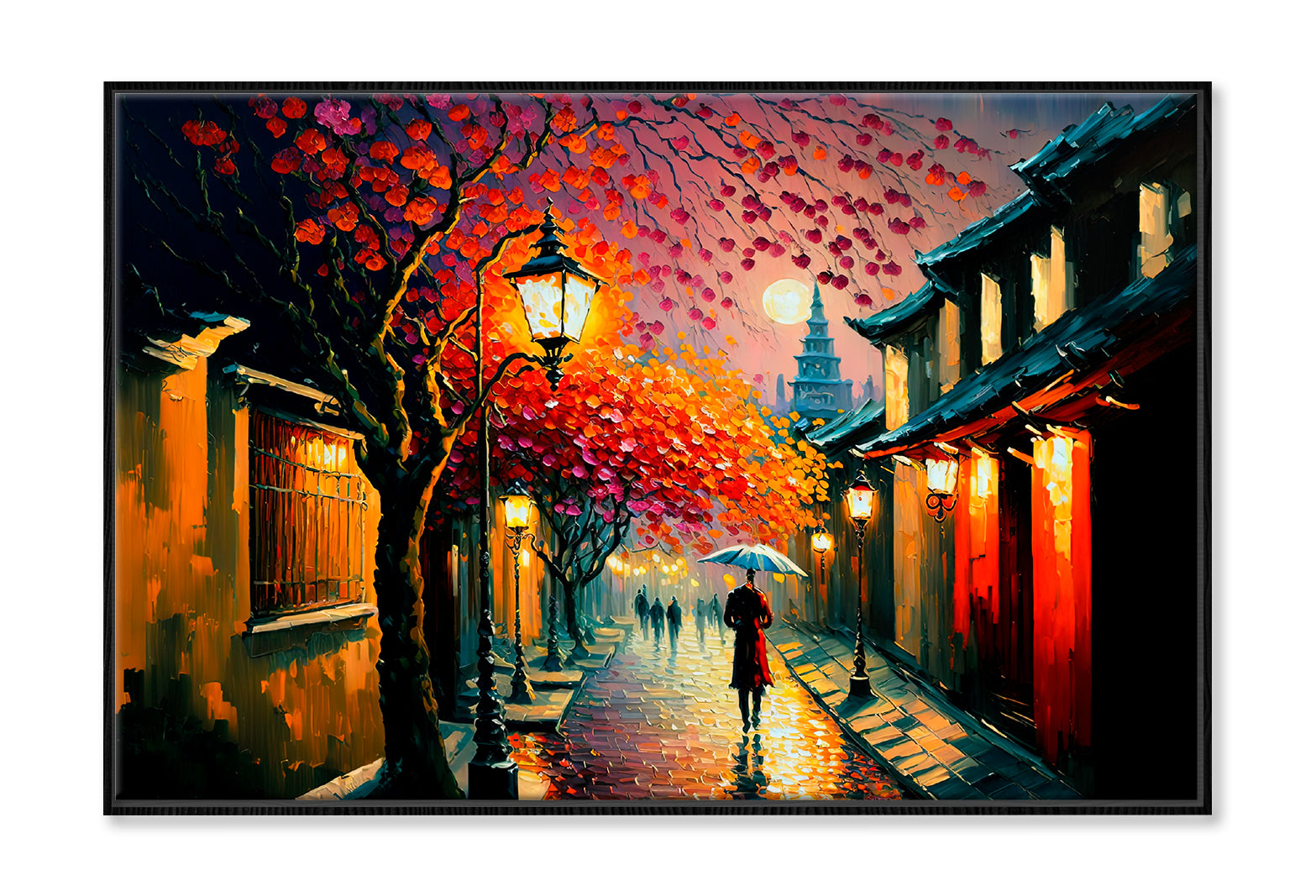 Ancient City Street In Japan During Spring Season Oil Painting Wall Art Limited Edition High Quality Print Canvas Box Framed Black