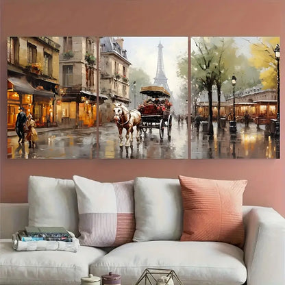 3pcs Rainy Eiffel Tower Horse & Carriage Metal Print Ready to Hang Art