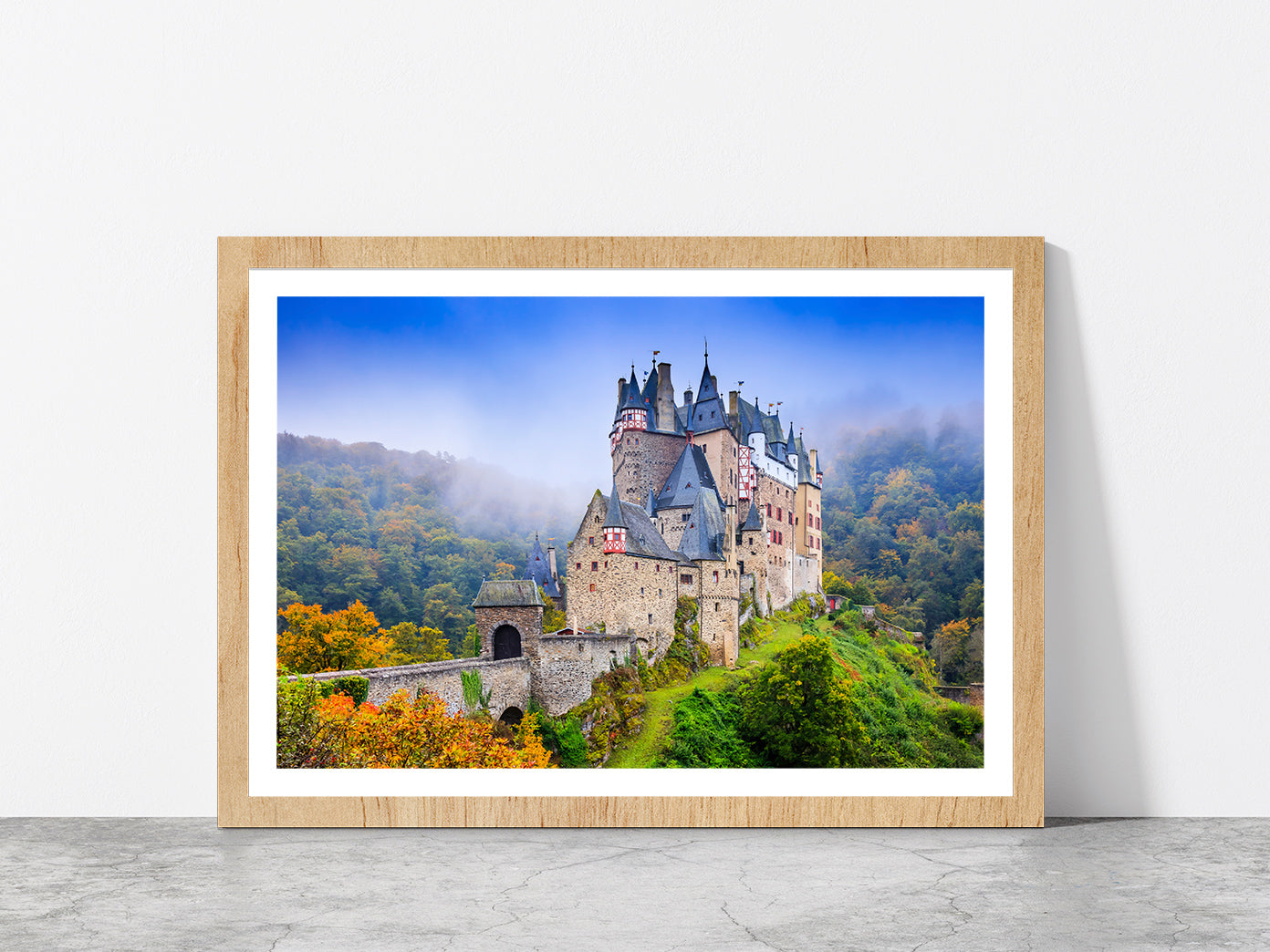 Medieval Castle On The Hills Glass Framed Wall Art, Ready to Hang Quality Print With White Border Oak