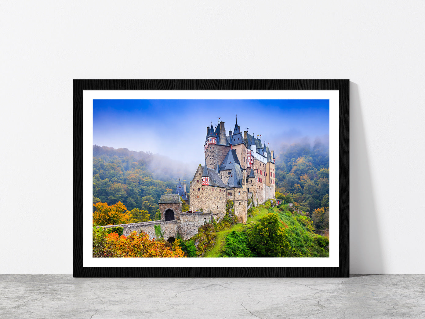 Medieval Castle On The Hills Glass Framed Wall Art, Ready to Hang Quality Print With White Border Black