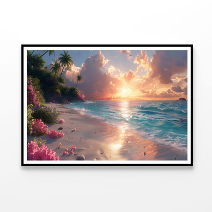 Sunny Beach with Pink Flowers & Tall Palm Trees Home Decor Premium Quality Poster Print Choose Your Sizes