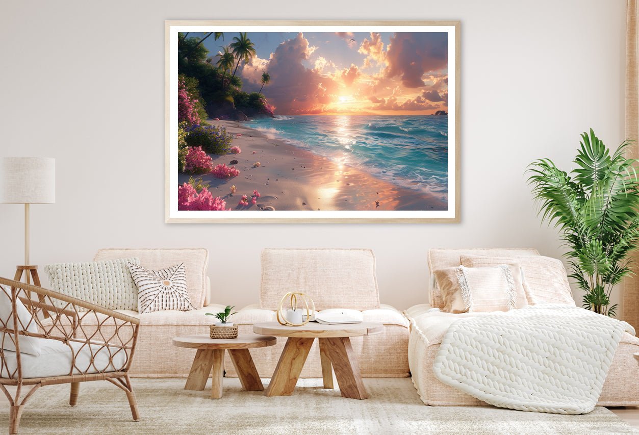 Sunny Beach with Pink Flowers & Tall Palm Trees Home Decor Premium Quality Poster Print Choose Your Sizes