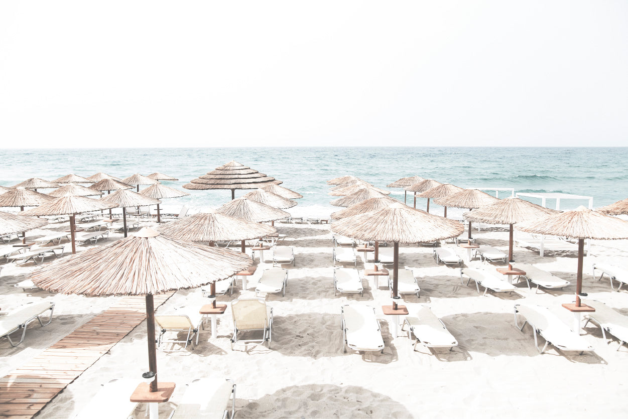 Beach Huts & Chairs near Beach Faded Photograph Glass Framed Wall Art, Ready to Hang Quality Print