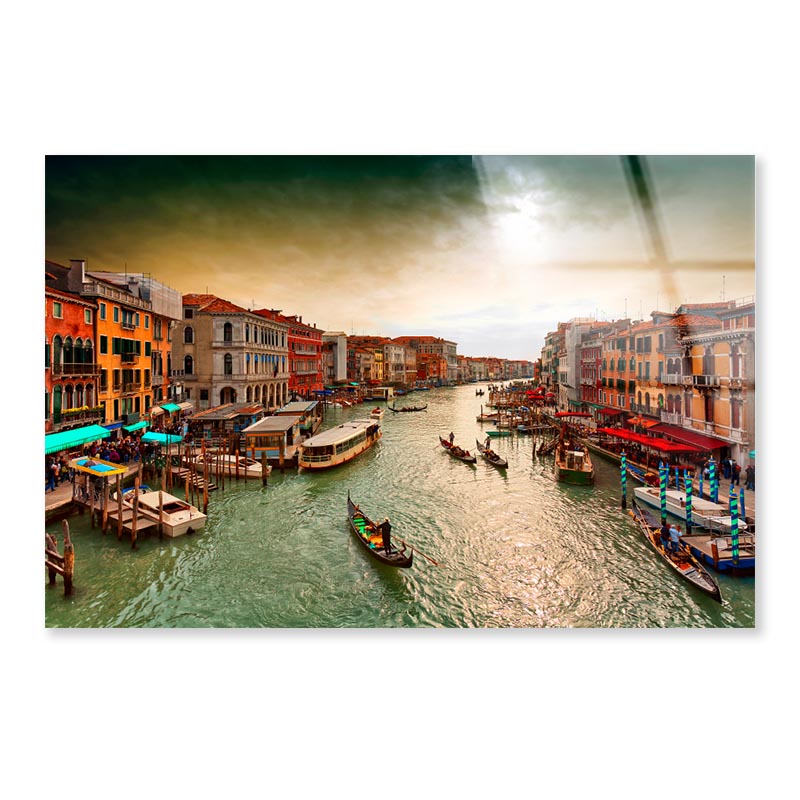 Boats And Gondolas on The Grand Canal of Venice, View from Bridge Rialto Acrylic Glass Print Tempered Glass Wall Art 100% Made in Australia Ready to Hang