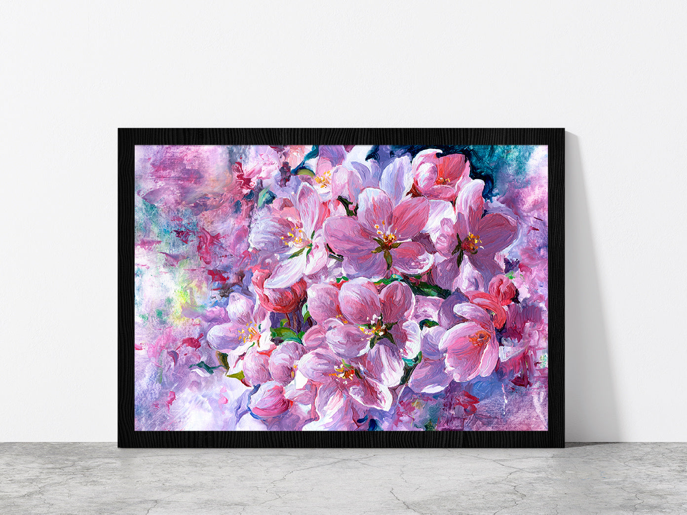 Branch Of Pink Flowers Glass Framed Wall Art, Ready to Hang Quality Print Without White Border Black