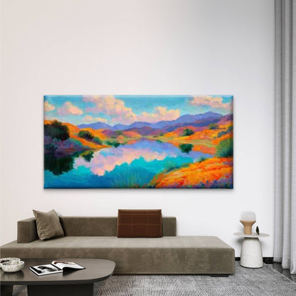 Vibrant Mountain Lake Scene Wall Art Canvas Office Home Room Framed 120x60cm