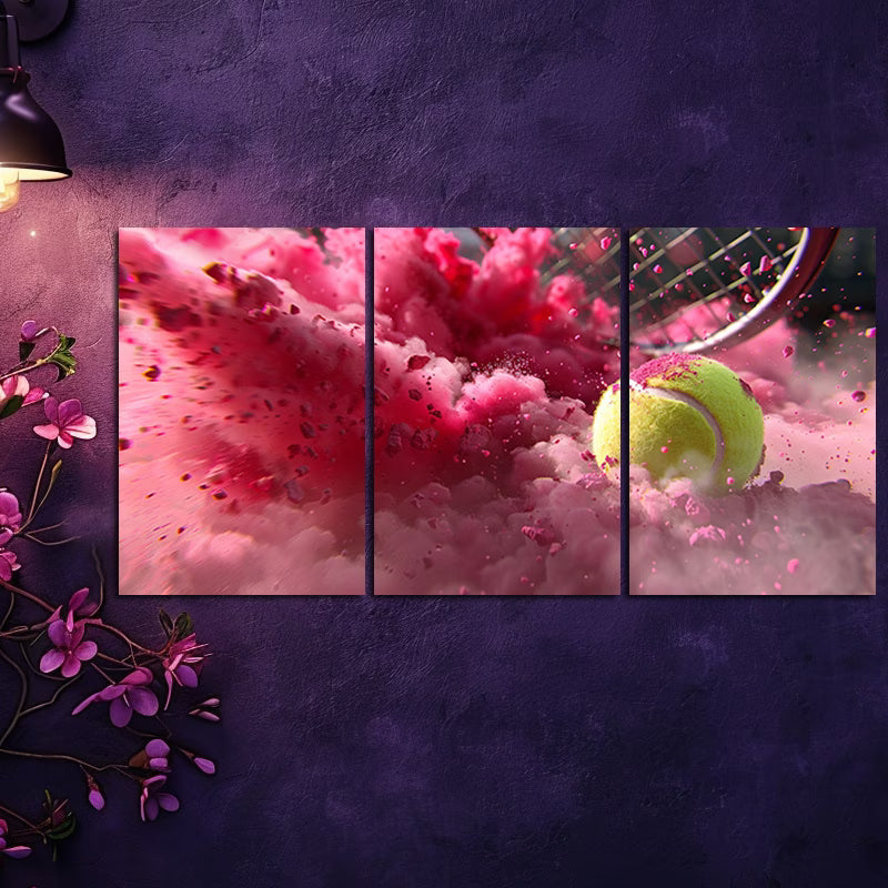 3pcs yellow tennis ball impacting a racket Wall Art Set Canvas Framed 60x90cm - High Quality Print 100% Australian Made Wall Canvas Ready to Hang