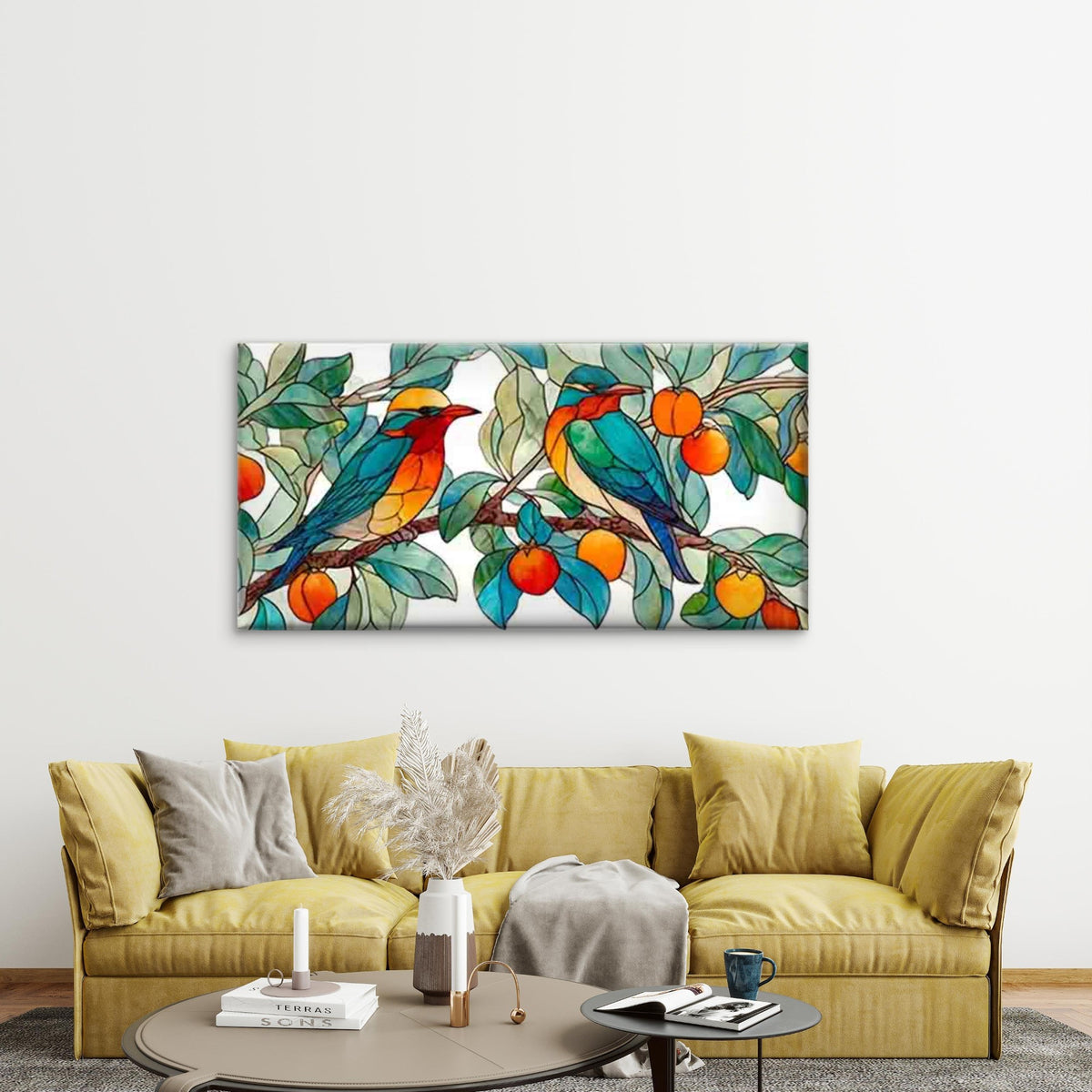Stained Glass Featuring Bird Wall Art Canvas Office Home Room Framed 120x60cm