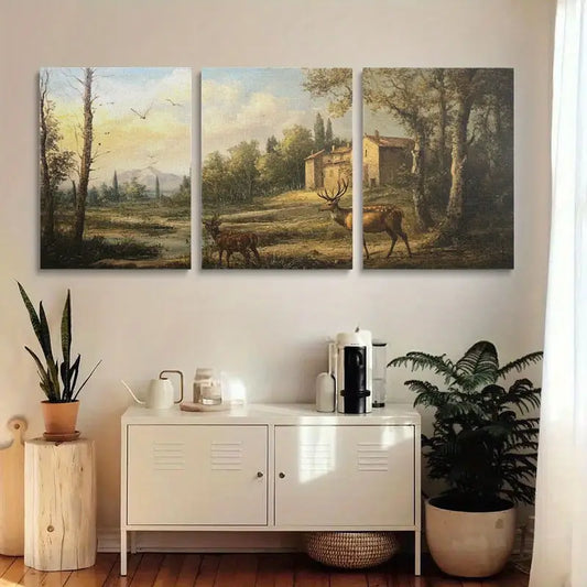 3pcs Deer Vintage Oil Painting Unique Nature Scene Metal Print Ready to Hang Art