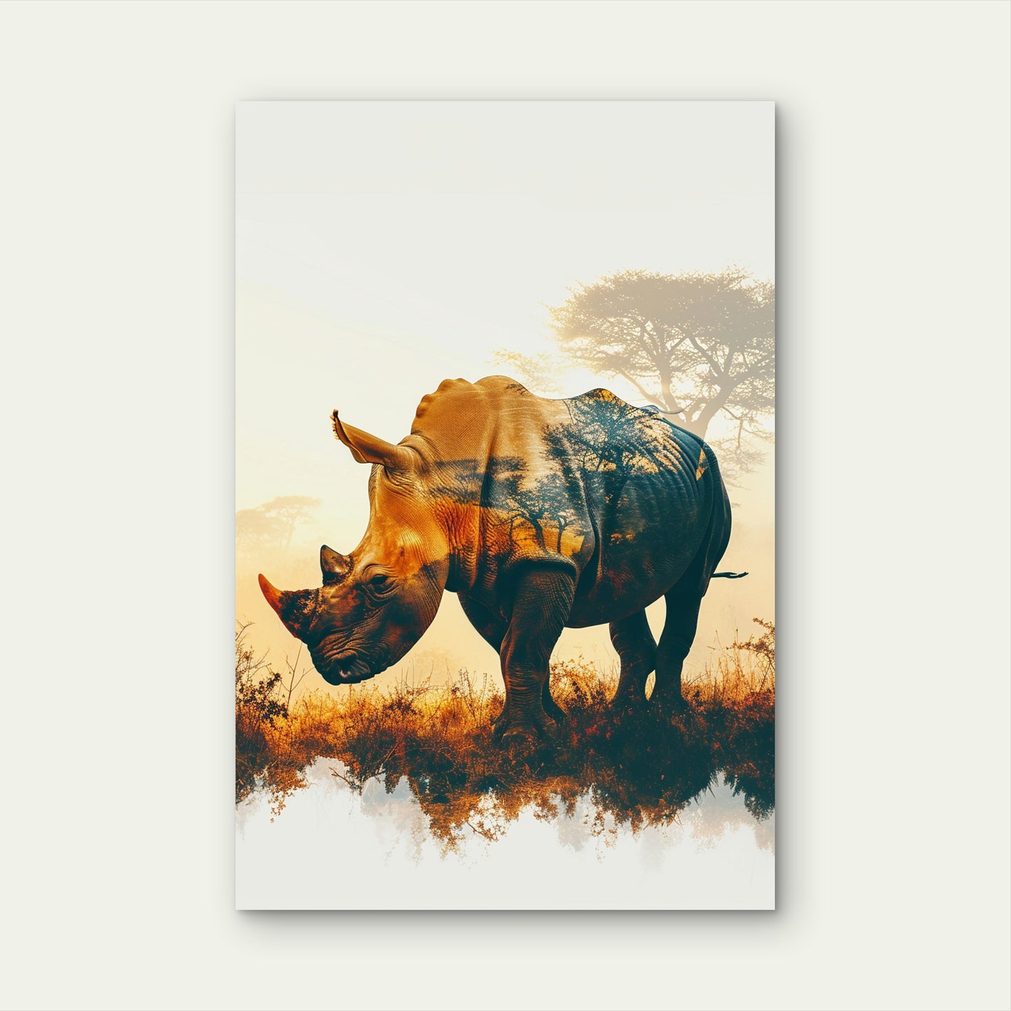 Stunning Silhouette Rhinoceros With Vibrant Sunset Landscape 60x90cm Metal Print Ready to Hang