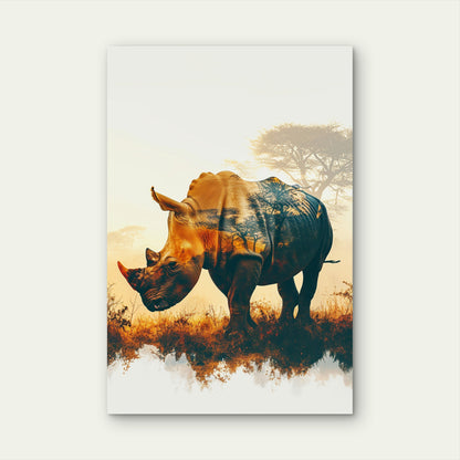 Stunning Silhouette Rhinoceros With Vibrant Sunset Landscape 60x90cm Metal Print Ready to Hang