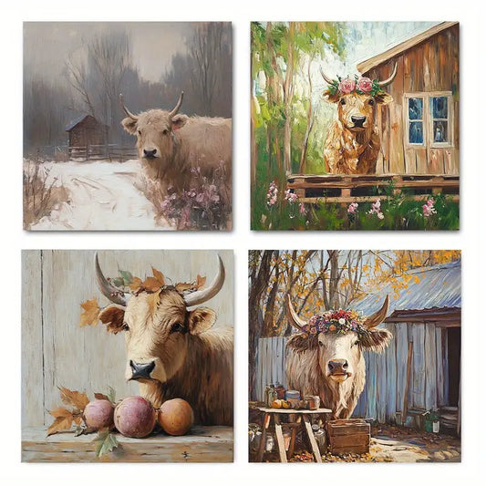 4pcs Abstract Highland Cow Art Wall Art Canvas Framed